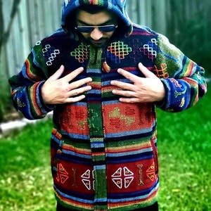 Aztec Styled Handmade Fleece Lined Winter/ Autumn/spring Unisex Colorful Vibrant Organic Woolen Double Layered Jacket. image 1