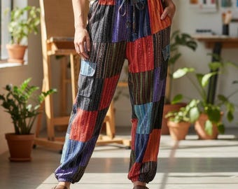 Pantalones hippies de algodón con patchwork hechos a mano: pantalones bohemios coloridos para festivales.