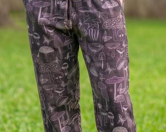 Pantalón unisex de algodón nepalí con estampado de hongos Namaste, lavado a la piedra, multicolor, patchwork, colorido.