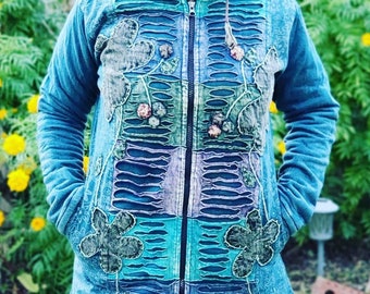 Namaste Handmade Women's Solid Green and Blue Cutting Themed Flower Stonewashed Fleece lined and non-fleece lined Long Hippie Cotton Jacket.