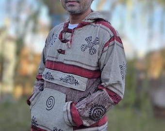 Handmade Nepali Symbol Printed Hoodie | Unisex Artisan Hoodie | Cultural Graphic Sweatshirt | Ethical Handmade Clothing