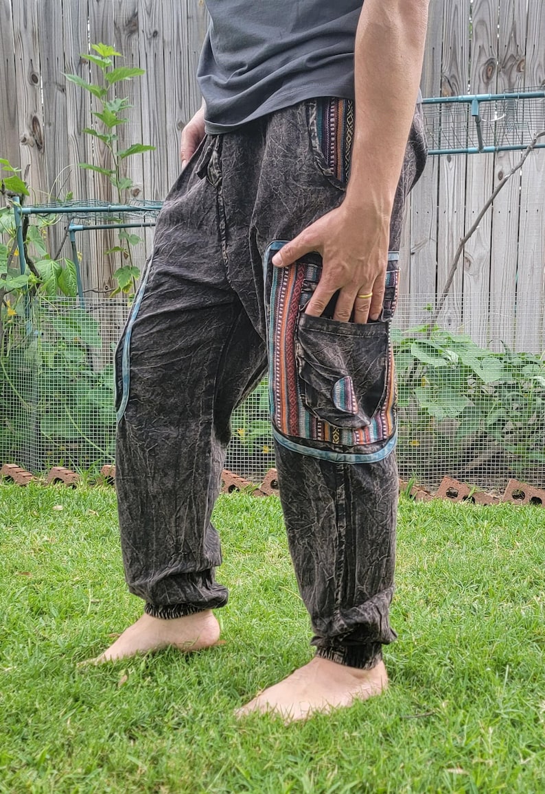 Pantalón cargo unisex de estilo bohemio reggae, lavado a la piedra, hecho a mano imagen 2