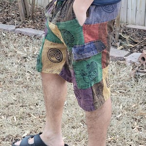 Nepalese unisex handmade colorful patchwork stonewashed prints on each patch light weight elastic waist cotton shorts