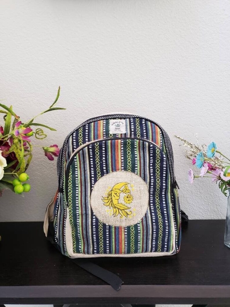 Namaste Colorful Sun Moon Embroidery Natural Unisex Handmade Organic Eco Friendly Backpack image 1