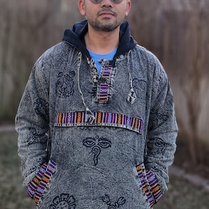 Namaste Hippie Unisex Multicolored Stonewashed Printed Nepalese Art Fleece lined Pullover Limited Edition Handmade Authentic Warm Pullover