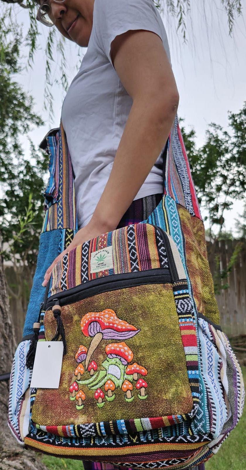 Embroidered Mushroom Crossbody Bag: Handmade Hemp Patchwork Jogi