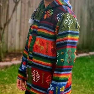 Aztec Styled Handmade Fleece Lined Winter/ Autumn/spring Unisex Colorful Vibrant Organic Woolen Double Layered Jacket. image 3