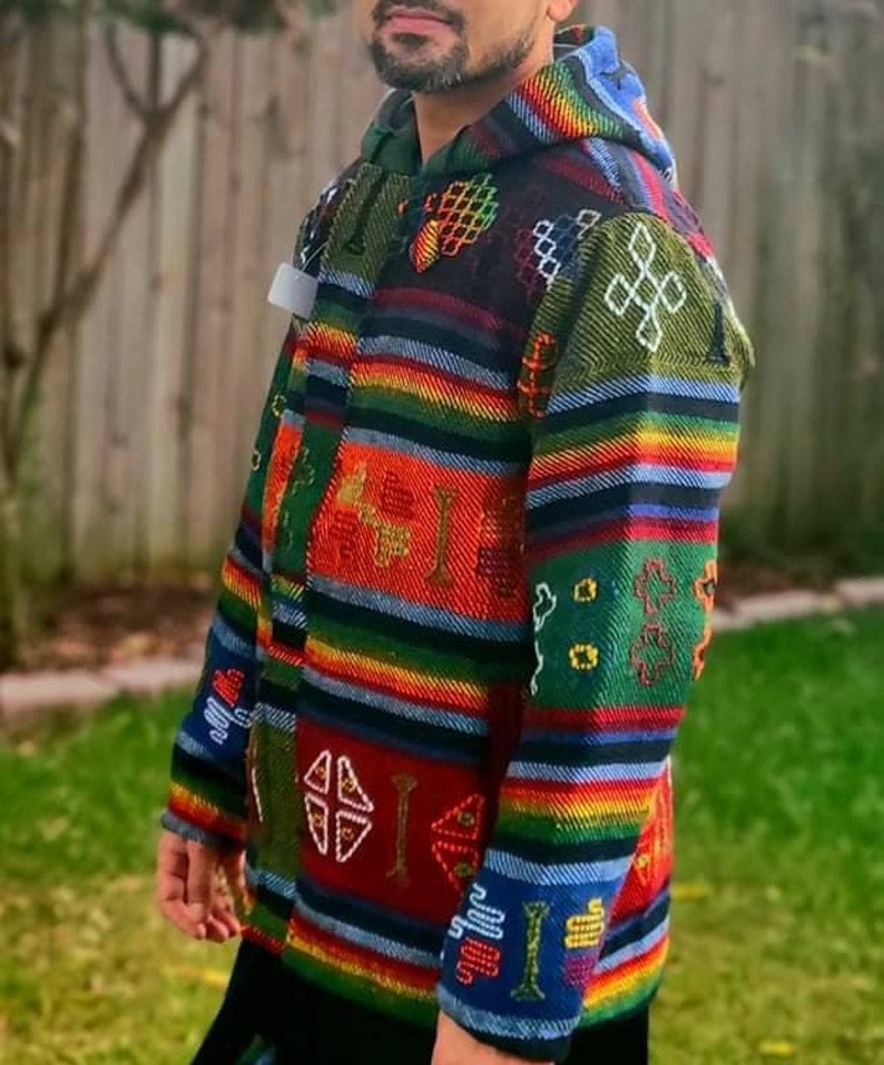 Aztec Styled Handmade Fleece Lined Winter/ Autumn/spring Unisex Colorful Vibrant Organic Woolen Double Layered Jacket. image 3