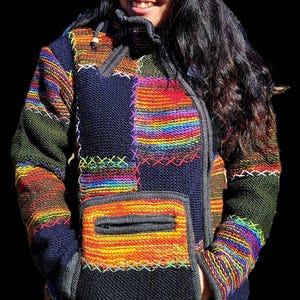 Namaste handmade fleece lined winter unisex thick colorful vibrant natural warm pure woolen double layered jacket.