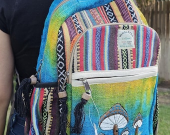 Himalayan Hemp Backpack: Mushroom Embroidery, Nepalese Boho Style
