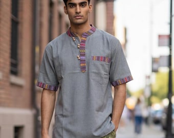 Handmade Nepalese Cotton Kurta Top: Unisex Holiday Shirt