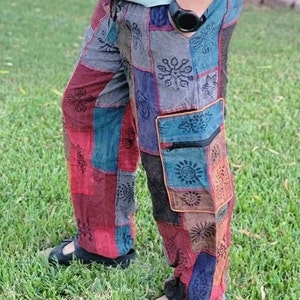 Namaste Fashionable Unisex Multicolor Handmade Hippie Patchwork Non Acidic Dyed Cotton Boho Comfy Festival Stonewashed Yoga Pants Trouser