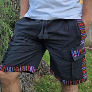 Bohemian handmade cotton unisex elastic cargo shorts