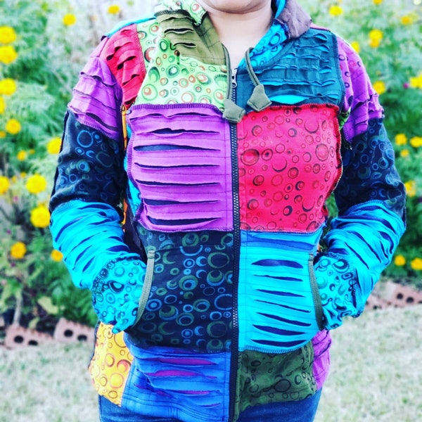 Namaste Women's Fashionable Multicolor Razor Cut Bubble Patch Hippie Cotton Hoodie Handmade Jacket