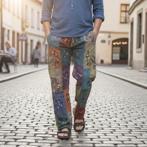 May include: Patchwork cargo trousers featuring a multi-coloured design with various floral and geometric embroidery patterns. The trousers include side cargo pockets and are paired with a solid blue long-sleeved shirt and black open-toe sandals.