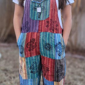 Namaste fashionable unisex multicolor stonewashed handmade hippie patchwork durable non acidic hippie cotton jumpsuit dungarees