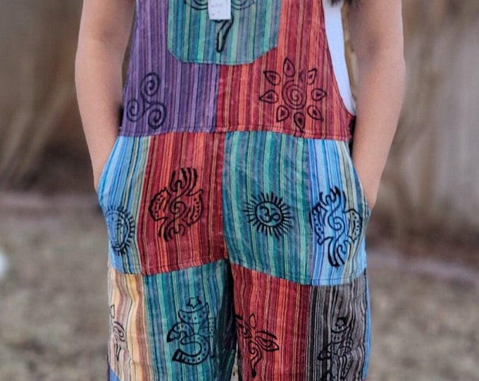 Handmade Stonewashed Cotton Patchwork Jumpsuit: Unisex Hippie Dungarees