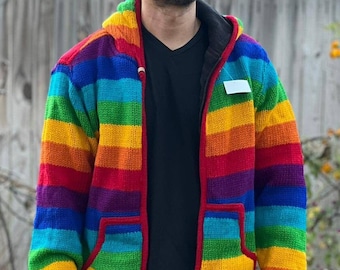 Namaste Handmade Fleece Lined Winter Unisex Thick Festive Rainbow Color Vibrant Warm Pure Woolen Double Layered Jacket.