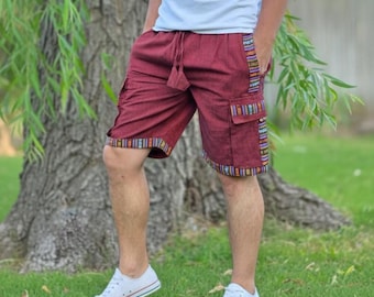 Bohemian handmade cotton unisex elastic colorful cargo shorts