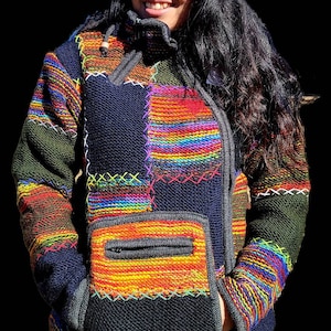 Namaste Handmade Fleece Lined Winter Unisex Thick Colorful Vibrant Natural Warm Pure Woolen Double Layered Jacket.