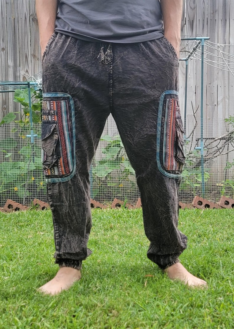Pantalón cargo unisex de estilo bohemio reggae, lavado a la piedra, hecho a mano imagen 3