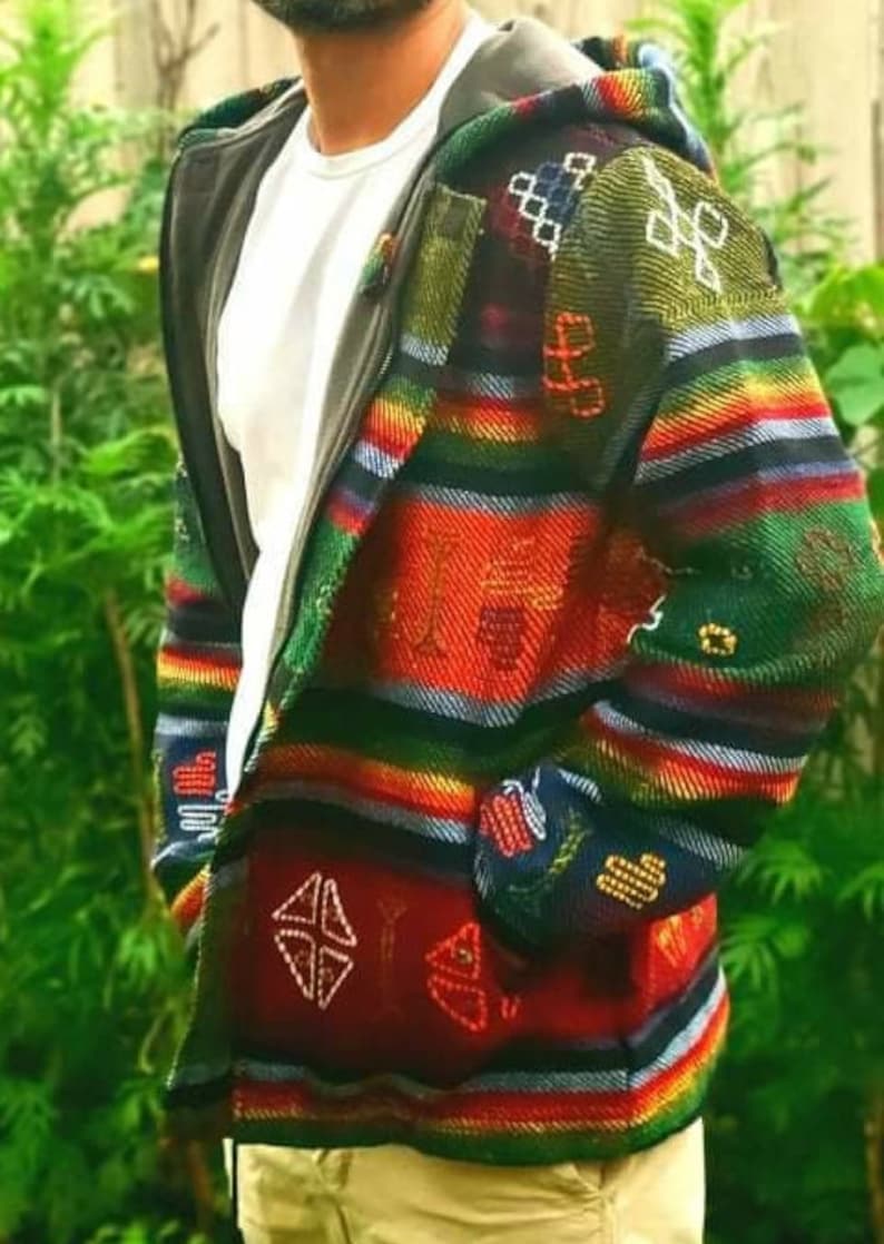 Aztec Styled Handmade Fleece Lined Winter/ Autumn/spring Unisex Colorful Vibrant Organic Woolen Double Layered Jacket. image 4