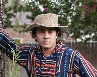 Handmade Hemp Cowboy Hat: Unisex Bohemian Crochet Flowers