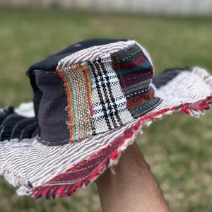 Handmade Hemp Patchwork Hippie Hat: Adjustable Wire Rim