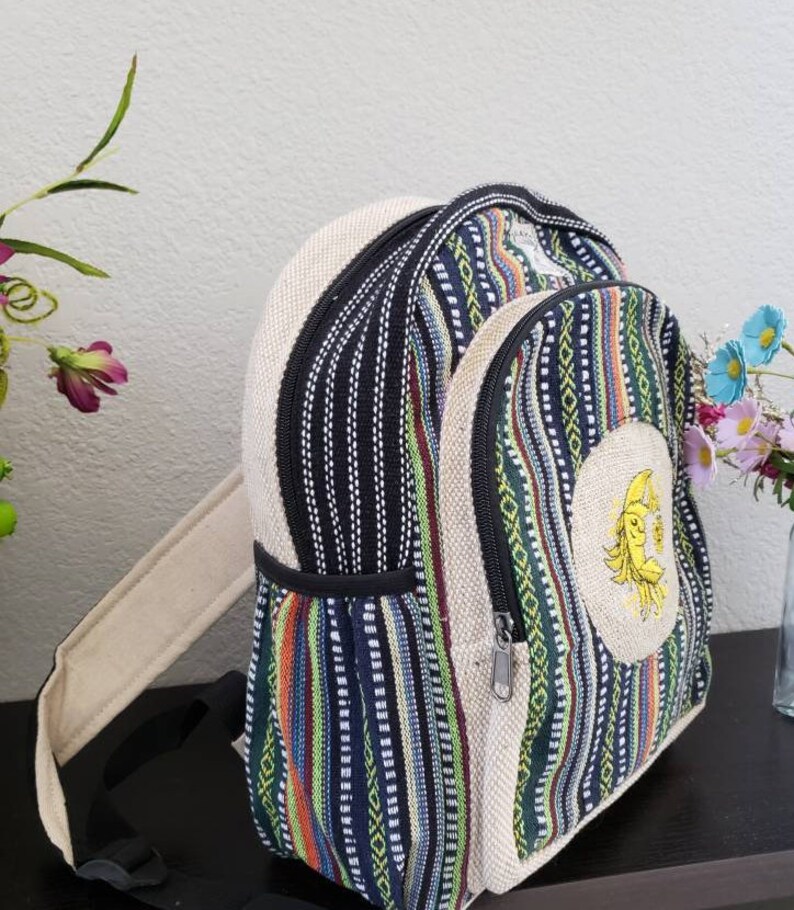 Namaste Colorful Sun Moon Embroidery Natural Unisex Handmade Organic Eco Friendly Backpack image 2