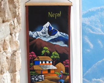 Namaste handmade mountain nepalese village authentic cloth hand-painted wall hanging artwork