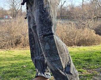 Namaste Fashionable Unisex Multicolor Handmade Hippie Patchwork Mushroom Print Cotton Boho Comfy Festival Stonewashed Yoga Pants Trouser
