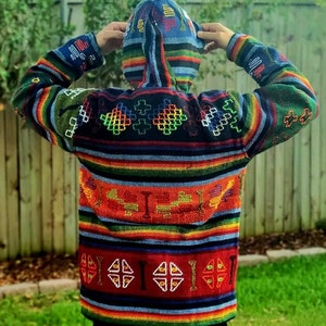 Aztec Styled Handmade Fleece Lined Winter/ Autumn/spring Unisex Colorful Vibrant Organic Woolen Double Layered Jacket. image 5