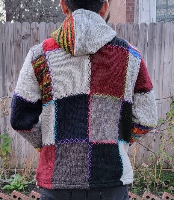 Hand-Knitted Nepalese Wool Jacket With Fleece Lining - Patchwork Stitch, Hooded, Sizes S-XL