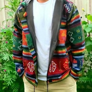 Aztec Styled Handmade Fleece Lined Winter/ Autumn/spring Unisex Colorful Vibrant Organic Woolen Double Layered Jacket. image 2