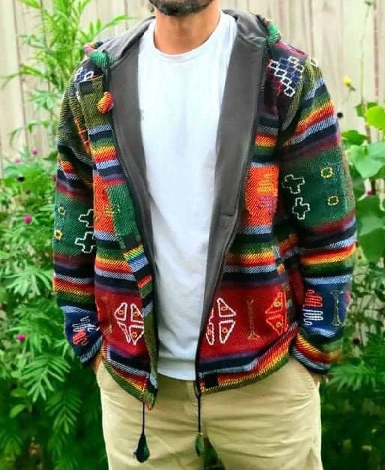 Aztec Styled Handmade Fleece Lined Winter/ Autumn/spring Unisex Colorful Vibrant Organic Woolen Double Layered Jacket. image 2