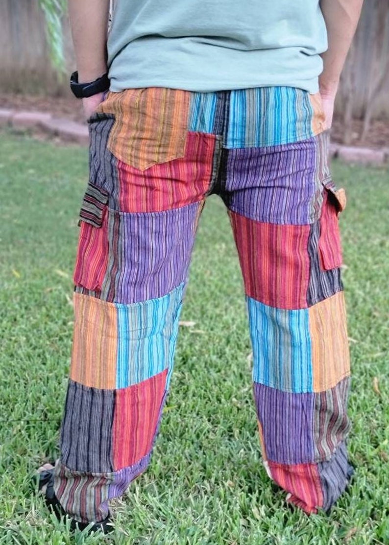 Namaste Fashionable Unisex Multicolor Handmade Hippie Patchwork Non Acidic Dyed Cotton Hippy Boho Comfy Festival Nepalese Yoga Pants Trouser image 3