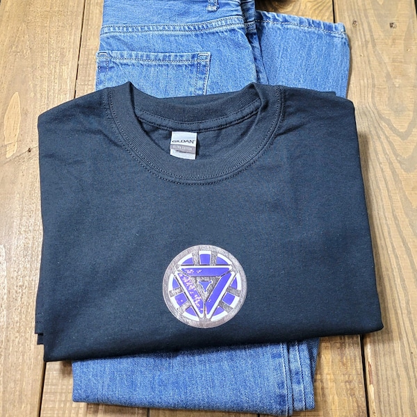 Custom Black T-Shirt - Superhero Logo | Holographic Short Sleeve Shirt | Fanfiction Gifts | Fandom Tees | Iron Chest Reactor | Comic Lover