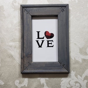 Love - Red Buffalo Plaid Heart  - Stained Wood Frame Reverse Canvas Sign | Small Framed Sign | Red Heart Shape | Love Décor | small plaque