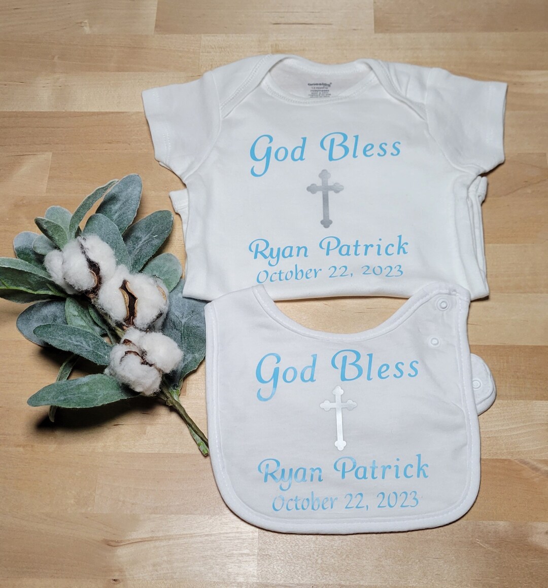 Personalized Christening Bodysuit Matching Bib Set God Bless Baby Cross