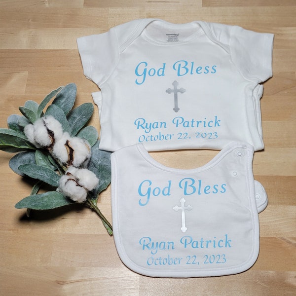 Personalized Christening Bodysuit | Matching Bib Set - God Bless Baby Cross And Date | Personalized Baptism Gifts | After Party Baby Outfit