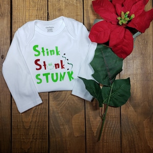 Stink Stank Stunk Grinch Onesie -Funny Christmas Gift For Baby | First Christmas Onesies | Merry Grinchmas Baby Outfit | Custom Holiday Gift