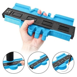 May include: A blue and black contour gauge held in a hand. The gauge has a series of pins that conform to the shape of an object. The gauge has a black ruler with measurement markings. Three smaller images show the gauge in use.