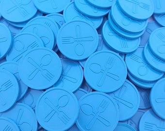 Plastic meal tokens | Cutlery tokens for events and festivals | Blue embossed 29 mm tokens | Per 250 pieces