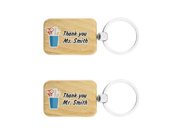 Houten sleutelhanger Thank you voor de juf of meester, gepersonaliseerde sleutelhanger voor docenten van berkenhout