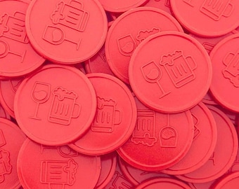 Beer and wine tokens for events and festivals | Red plastic drink tokens | Embossed 29 mm drink tokens