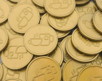 Coffee and tea for events and festivals | Gold plastic drink tokens | Embossed 29 mm drink tokens