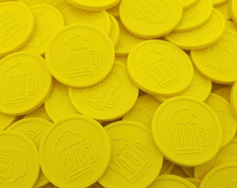Beverage tokens for events and festivals | Yellow plastic tokens with beer mug | Embossed beer tokens of 29 mm