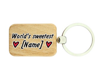 Porte-clés en bois World's Sweetest où vous pouvez inscrire votre propre nom, porte-clés personnalisé en bois de bouleau