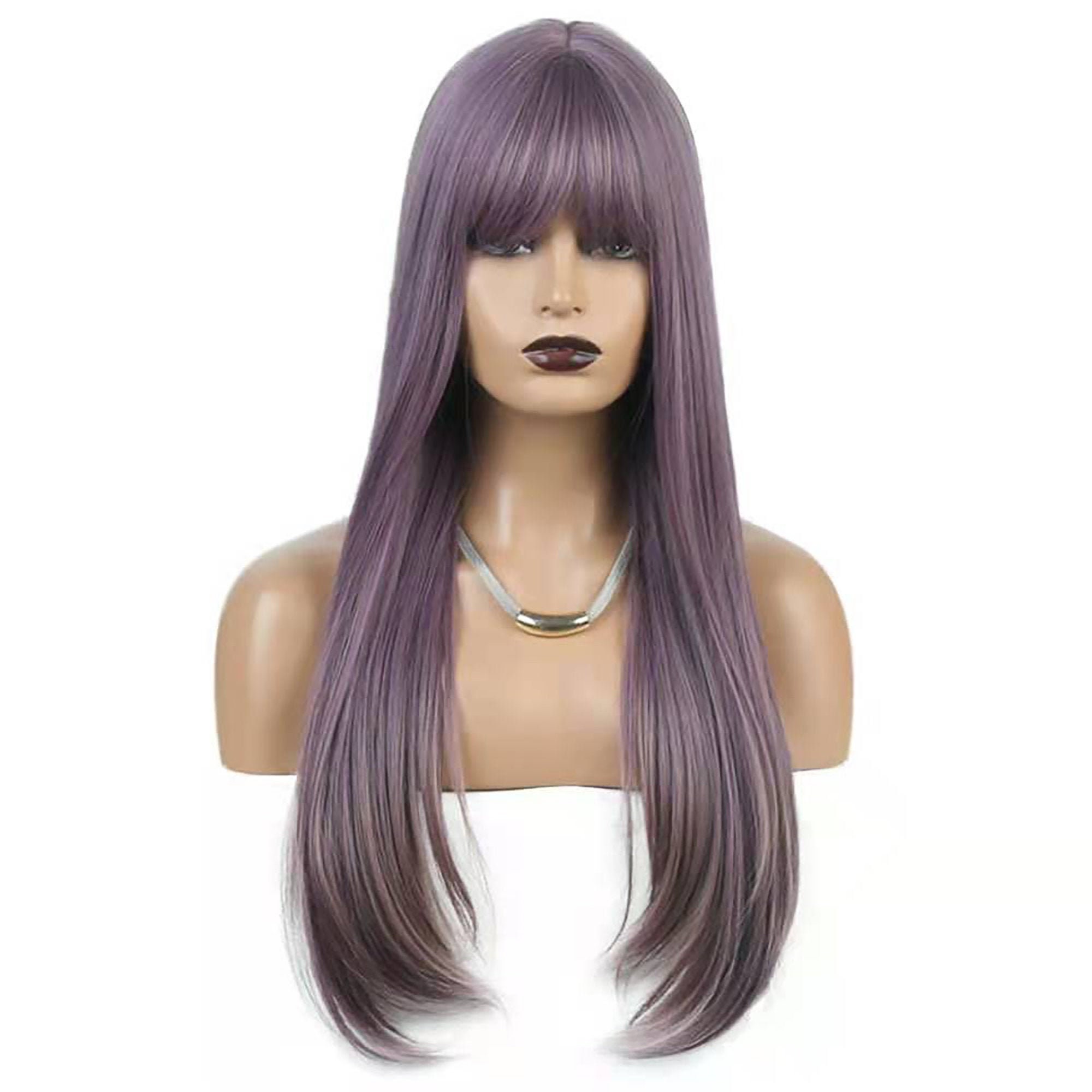 Long purple straight wig Blunt bangs straight wig Long grey Etsy