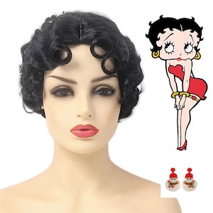 1920S black wavy wig  Betty Boop hairstyle wig   Vintage hairstyle for women/Free Christmas earrings